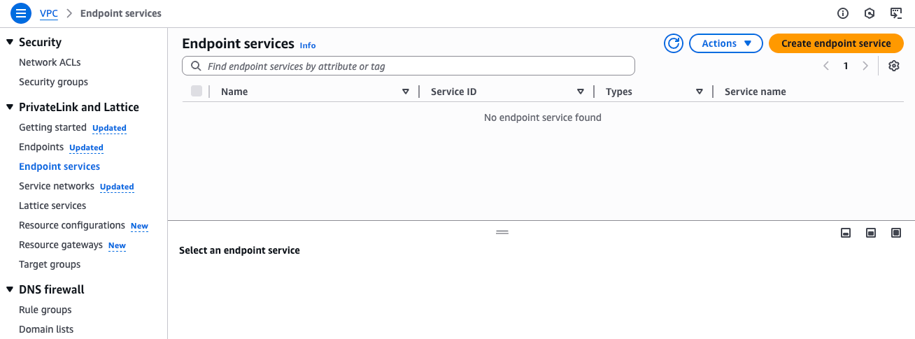 Navigate to Aws VPC Console > Endpoint Services and click Create Endpoint Service