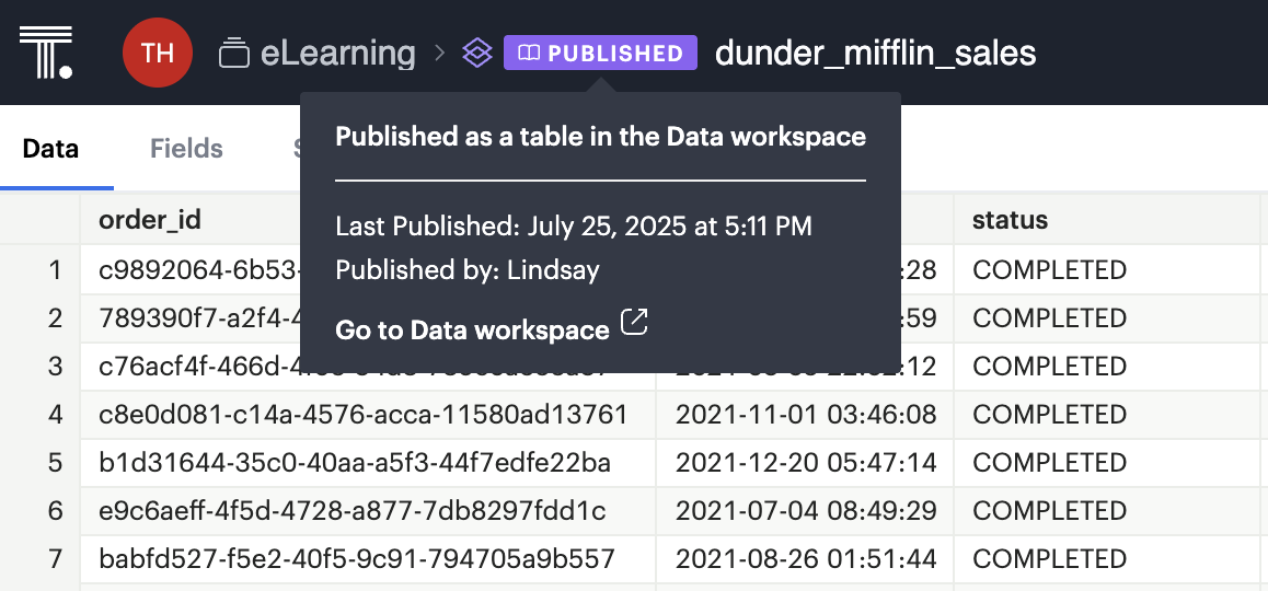 Hover over the Published icon to see the option to launch the Data workspace.