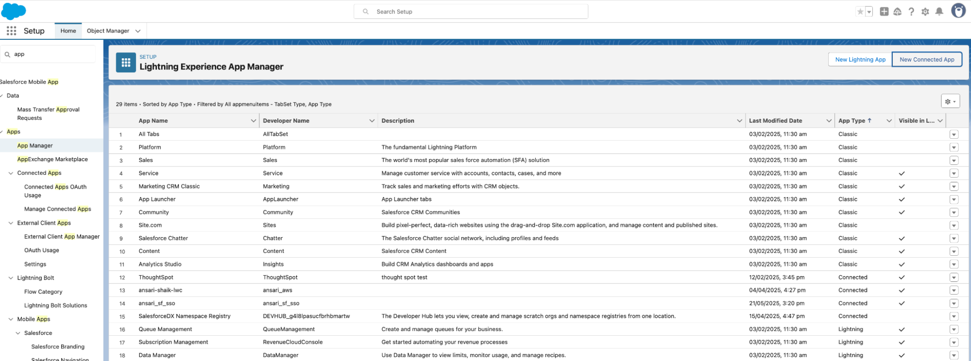 App manager page in Setup