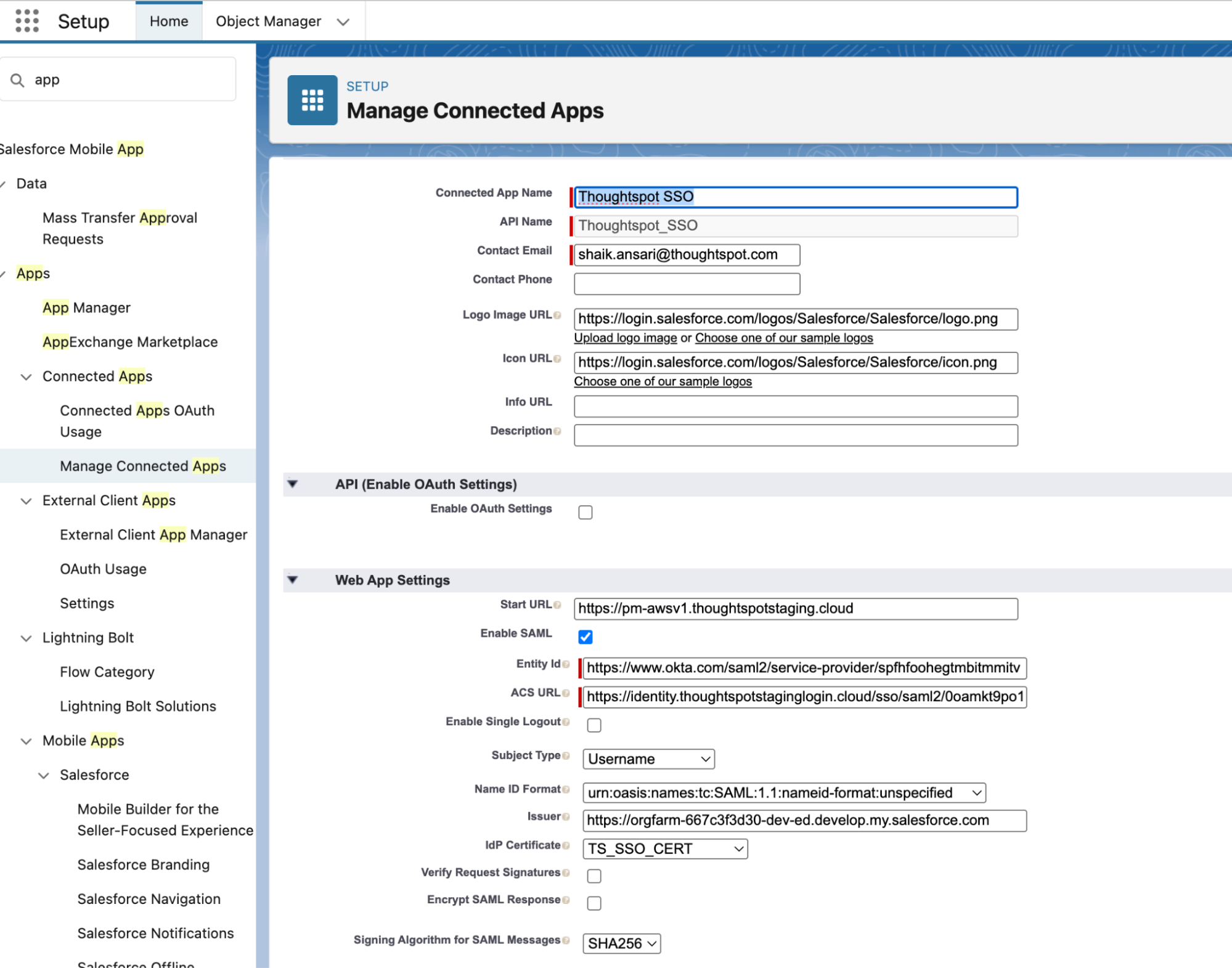 Manage Connected Apps page with details filled in