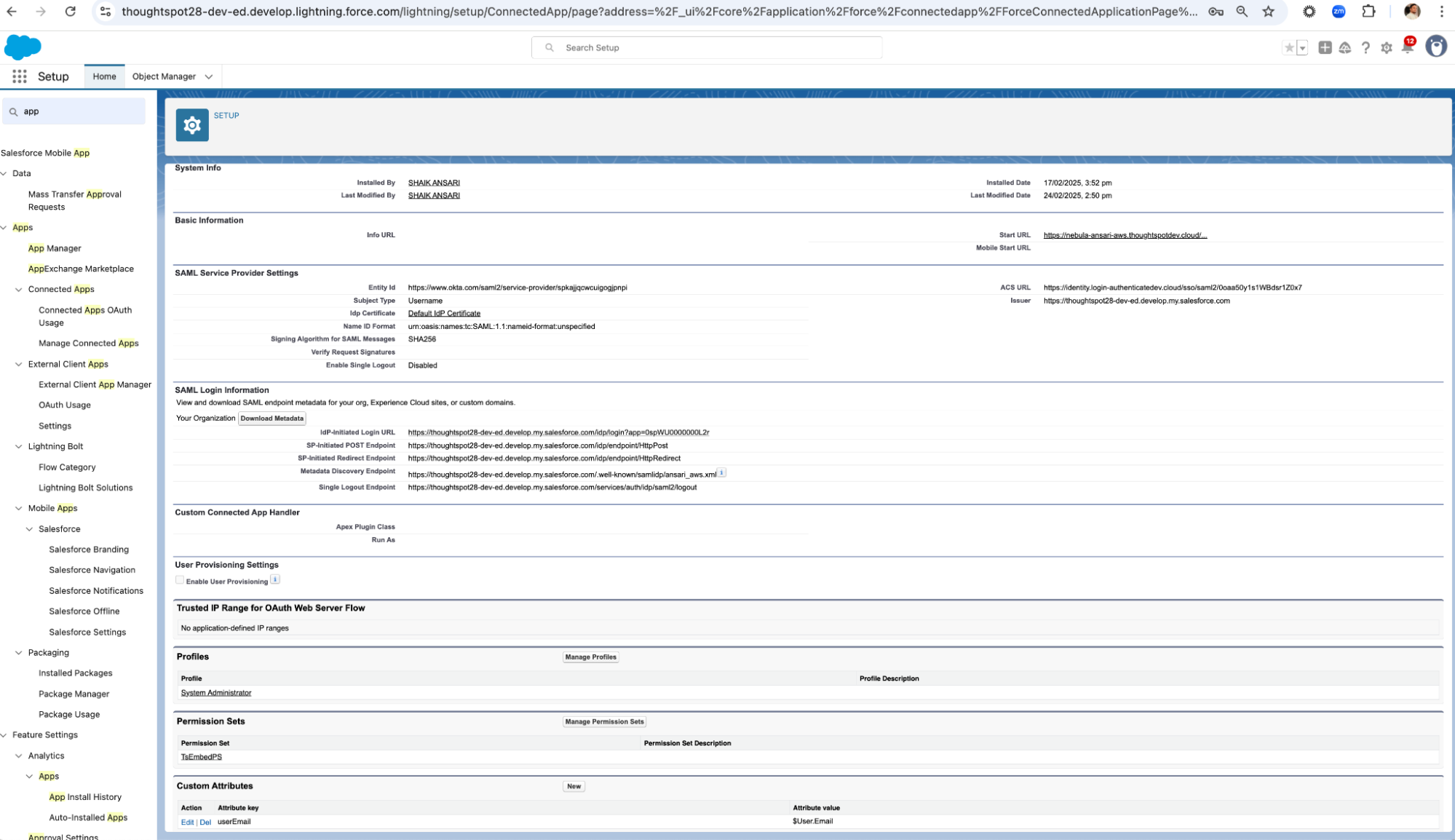 Setup page with details saved