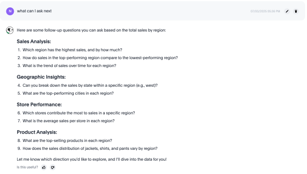 Spotter Agent suggests follow-up questions for Sales Analysis