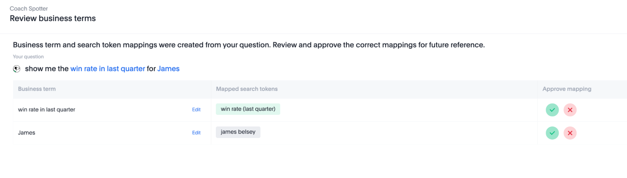 Review business term modal displaying a mapping of “win rate in last quarter” to “win rate (last quarter)” and “James” to “james belsey”