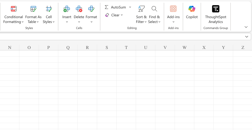 A MS excel sheet displaying the ThoughtSpot plug-in in the top bar