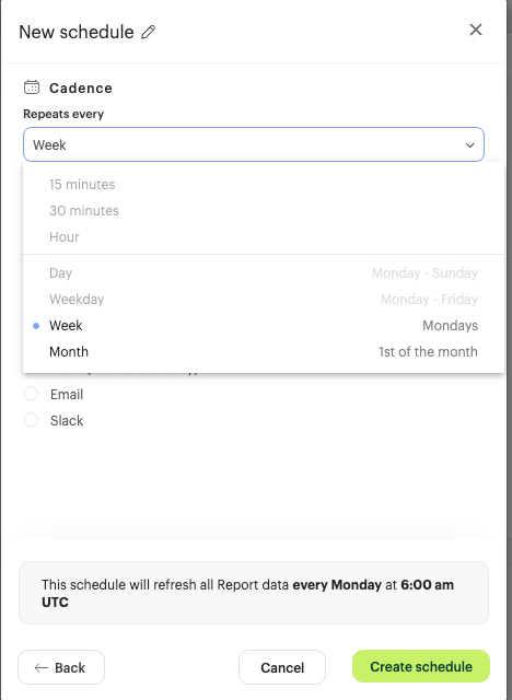 A new schedule modal showing all refresh cadences more frequent than weekly as greyed out.