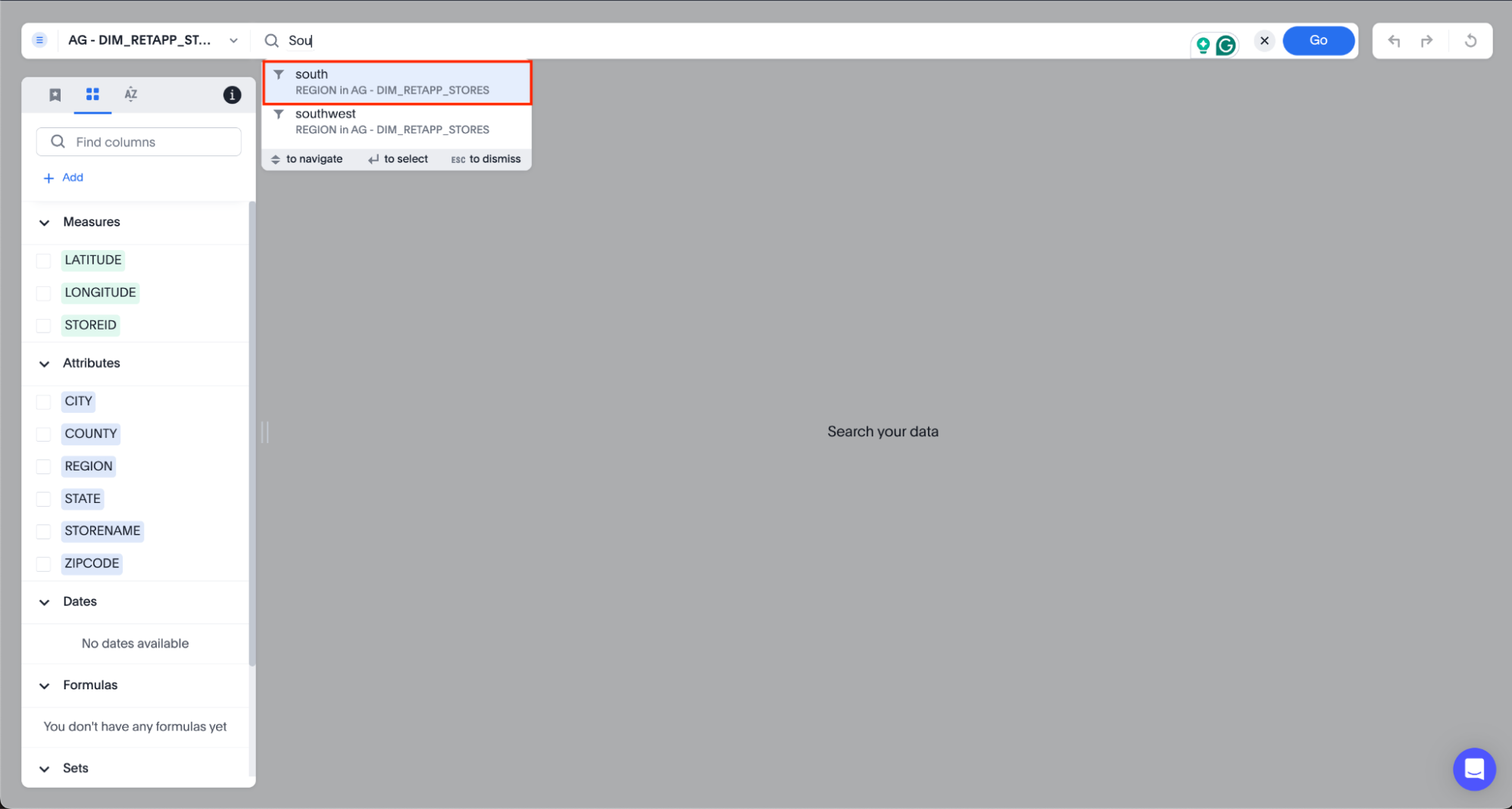 Term entered in Search Data shows suggested value