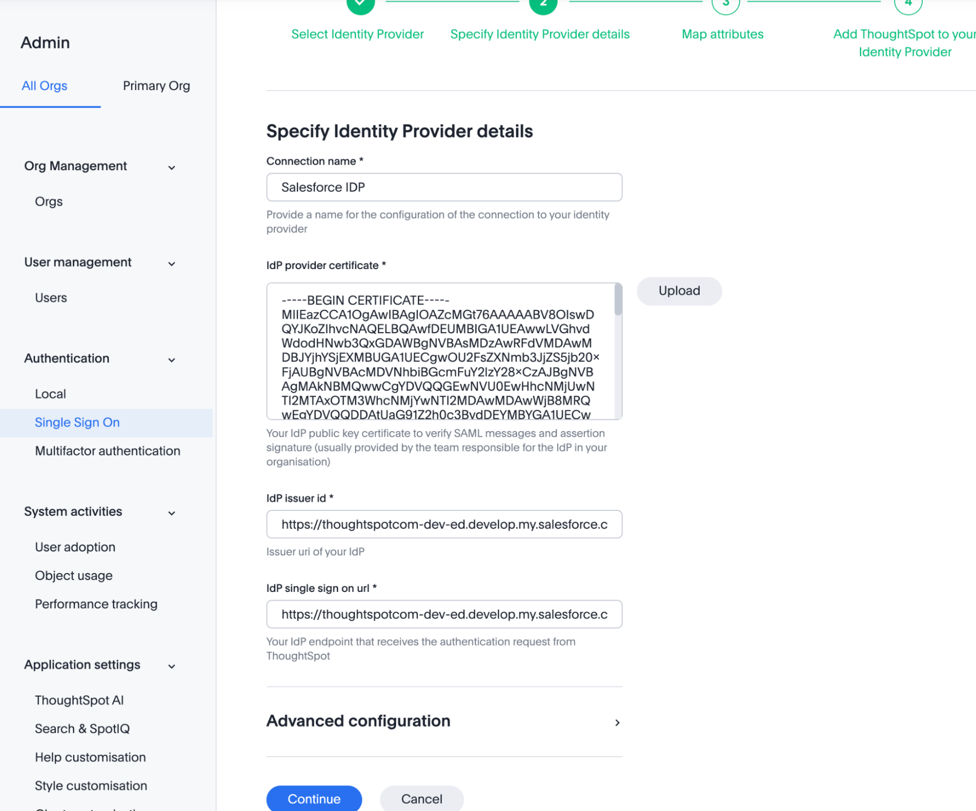ThoughtSpot Single Sign On section
