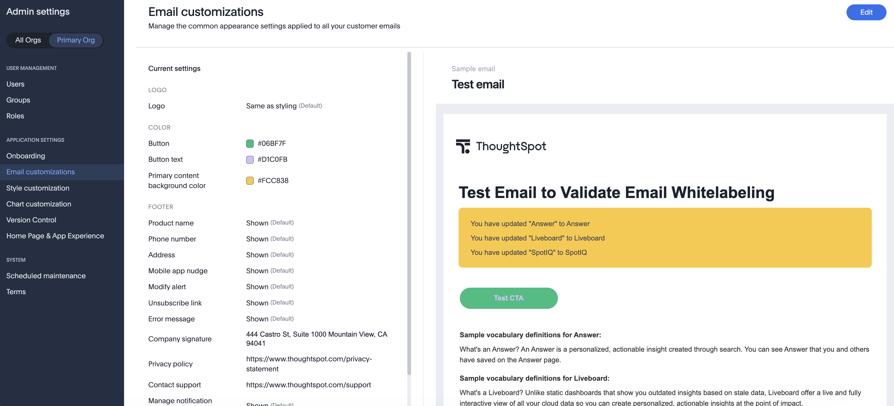 Email customisation screen