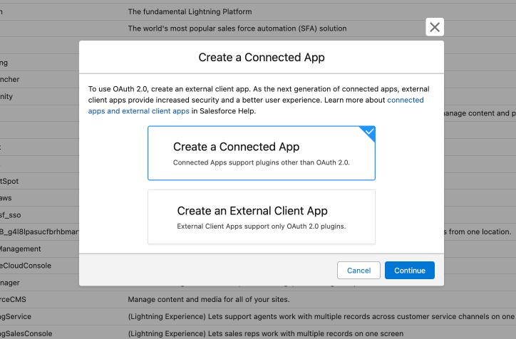 Create a Connected App popup