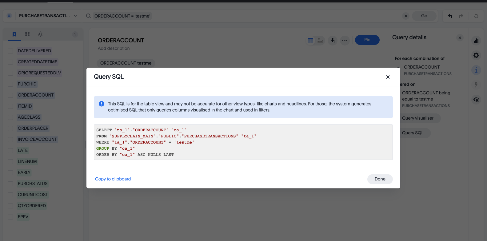 SQL view of the query’s SQL where there is not LOWER function for the ORDERACCOUNT column.