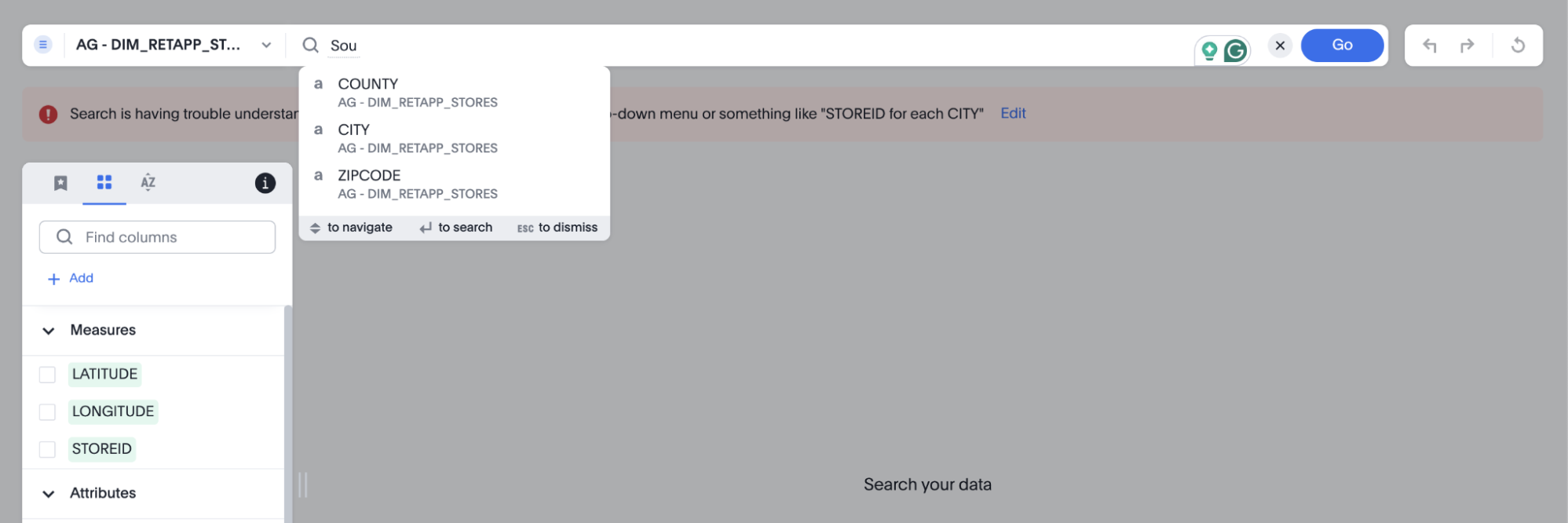 Term in Search Data shows no suggestions